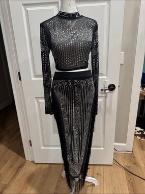 Black Rhinestone Fringe Maxi Skirt - Women's Evening Skirt